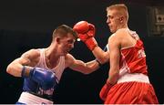 23 January 2015; Kurt Walker, right, Canal Boxing Club, Lisburn, exchanges punches with Sean Higginson, St. John Bosco Boxing Club, Belfast, during their 56 kg bout. National Elite Boxing Championship Finals. National Stadium, Dublin. Picture credit: Cody Glenn / SPORTSFILE