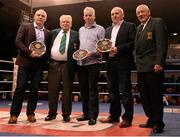 23 January 2015; Services To Boxing Awards were presented to, from left, Brian Magee, Peter Butler, accepting on behalf of late father Tommy Butler, and Joe Lowe by members of the Ireland Amateur Boxing Association secretary Sean Crowley, second from left, and president Tommy Murphy, right. National Elite Boxing Championship Finals. National Stadium, Dublin. Picture credit: Cody Glenn / SPORTSFILE
