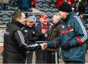 24 January 2015; Clare manager Davy Fitzgerald, left, and Cork manager Jimmy Barry Murphy exchange a handshake after the game. Waterford Crystal Cup, Semi-Final, Cork v Clare, Mallow, Co. Cork. Picture credit: Diarmuid Greene / SPORTSFILE