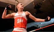23 January 2015; Sean McComb, Holy Trinity Boxing Club, Belfast, celebrates victory over George Bates, St. Mary's Boxing Club, Dublin, after their 60 kg bout. National Elite Boxing Championship Finals. National Stadium, Dublin. Picture credit: Cody Glenn / SPORTSFILE
