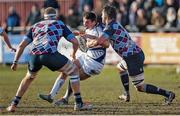 24 January 2015; Cian Kelleher, Leinster A, is tackled by Barney Maddison, left, and Max Argyle, Rotherham Titans. British & Irish Cup, Quarter Final, Rotherham Titans v Leinster, Clifton Lane, Rotherham, England. Picture credit: Magi Haroun / SPORTSFILE