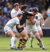 24 January 2015; Ben Jacobs, Wasps, is tackled by Leinster players Eoin Reddan, left, Jordi Murphy and Kane Douglas, right. European Rugby Champions Cup 2014/15, Pool 2, Round 6, Wasps v Leinster. Ricoh Arena, Coventry, England. Picture credit: Stephen McCarthy / SPORTSFILE