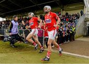 24 January 2015; Cork players Luke O'Farrell, right, and Cian McCarthy make their way out onto the pitch for the game. Waterford Crystal Cup, Semi-Final, Cork v Clare, Mallow, Co. Cork. Picture credit: Diarmuid Greene / SPORTSFILE
