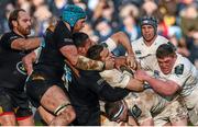 24 January 2015; Jimmy Gopperth, with the support of his Leinster team-mates Fergus McFadden, below, and Tadhg Furlong, right, is tackled by Nathan Hughes, Wasps. European Rugby Champions Cup 2014/15, Pool 2, Round 6, Wasps v Leinster. Ricoh Arena, Coventry, England. Picture credit: Stephen McCarthy / SPORTSFILE