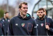 24 January 2015; Tom Croft, Leicester Tigers, arrives ahead of the game. European Rugby Champions Cup 2014/15, Pool 3, Round 6, Ulster v Leicester Tigers, Kingspan Stadium, Ravenhill Park, Belfast, Co. Antrim. Picture credit: Ramsey Cardy / SPORTSFILE