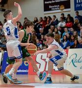 24 January 2015; Rory Gilson, Moycullen BC, in action against Conor Quinn, left, and Mairtin Bell, Belfast Star. Basketball Ireland Men's U20 National Cup Final, Belfast Star v Moycullen BC, National Basketball Arena, Tallaght, Dublin. Picture credit: Piaras O Midheach / SPORTSFILE