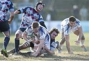 24 January 2015; Peadar Timmins, Leinster A, is tackled by Max Argyle, left, and Jordan Davies, Rotherham Titans. British & Irish Cup, Quarter Final, Rotherham Titans v Leinster A, Clifton Lane, Rotherham, England. Picture credit: Magi Haroun / SPORTSFILE