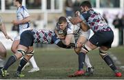 24 January 2015; Ross Maloney, Leinster A, is tackled by Perry Parker, left, and Ben Morris, Rotherham Titans. British & Irish Cup, Quarter Final, Rotherham Titans v Leinster A, Clifton Lane, Rotherham, England. Picture credit: Magi Haroun / SPORTSFILE