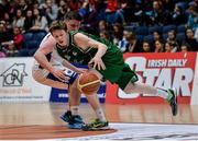 24 January 2015; Kyle Cunningham, Moycullen BC, in action against Mairtin Bell, Belfast Star. Basketball Ireland Men's U20 National Cup Final, Belfast Star v Moycullen BC, National Basketball Arena, Tallaght, Dublin. Picture credit: Piaras O Midheach / SPORTSFILE