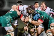 24 January 2015; Iain Henderson, Ulster, is tackled by Tom Croft, left, and Jordan Crane, Leicester Tigers. European Rugby Champions Cup 2014/15, Pool 3, Round 6, Ulster v Leicester Tigers, Kingspan Stadium, Ravenhill Park, Belfast, Co. Antrim. Picture credit: Ramsey Cardy / SPORTSFILE