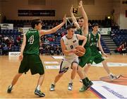 24 January 2015; Aidan Quinn, Belfast Star, in action against Rory Gilson, left, and Darragh Mulkerrins, Moycullen BC. Basketball Ireland Men's U20 National Cup Final, Belfast Star v Moycullen BC, National Basketball Arena, Tallaght, Dublin. Picture credit: Piaras O Midheach / SPORTSFILE