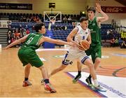 24 January 2015; Aidan Quinn, Belfast Star, in action against  Rory Heffernan and Stephen O'Brien, right, Moycullen BC. Basketball Ireland Men's U20 National Cup Final, Belfast Star v Moycullen BC, National Basketball Arena, Tallaght, Dublin. Picture credit: Piaras O Midheach / SPORTSFILE