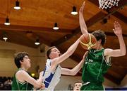 24 January 2015; Niall McKeown, Belfast Star, in action against Stephen O'Brien, left, and Joseph Tummon, Moycullen BC. Basketball Ireland Men's U20 National Cup Final, Belfast Star v Moycullen BC, National Basketball Arena, Tallaght, Dublin. Picture credit: Piaras O Midheach / SPORTSFILE