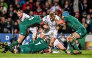 24 January 2015; Luke Marshall, Ulster, is tackled by Freddie Burns, left, Julian Salvi, centre, and Graham Kitchener, Leicester Tigers. European Rugby Champions Cup 2014/15, Pool 3, Round 6, Ulster v Leicester Tigers, Kingspan Stadium, Ravenhill Park, Belfast, Co. Antrim. Picture credit: Ramsey Cardy / SPORTSFILE
