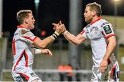 24 January 2015; Ulster's Darren Cave, right, celebrates scoring the first try of the game with team-mate Craig Gilroy.  European Rugby Champions Cup 2014/15, Pool 3, Round 6, Ulster v Leicester Tigers, Kingspan Stadium, Ravenhill Park, Belfast, Co. Antrim. Picture credit: Ramsey Cardy / SPORTSFILE