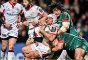 24 January 2015; Rory Best, Ulster, is tackled by Logovii Mulipola, top, and Tom Youngs, Leicester Tigers. European Rugby Champions Cup 2014/15, Pool 3, Round 6, Ulster v Leicester Tigers, Kingspan Stadium, Ravenhill Park, Belfast, Co. Antrim. Picture credit: Ramsey Cardy / SPORTSFILE
