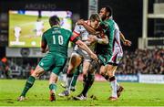 24 January 2015; Craig Gilroy, Ulster, is tackled by Freddie Burns, left, and Vereniki Goneva, Leicester Tigers. European Rugby Champions Cup 2014/15, Pool 3, Round 6, Ulster v Leicester Tigers, Kingspan Stadium, Ravenhill Park, Belfast, Co. Antrim. Picture credit: Ramsey Cardy / SPORTSFILE