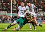 24 January 2015; Rory Best, Ulster, is tackled by Matthew Tait, Leicester Tigers. European Rugby Champions Cup 2014/15, Pool 3, Round 6, Ulster v Leicester Tigers, Kingspan Stadium, Ravenhill Park, Belfast, Co. Antrim. Picture credit: Ramsey Cardy / SPORTSFILE