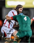 24 January 2015; Iain Henderson, Ulster, is tackled by Graham Kitchener, Leicester Tigers. European Rugby Champions Cup 2014/15, Pool 3, Round 6, Ulster v Leicester Tigers, Kingspan Stadium, Ravenhill Park, Belfast, Co. Antrim. Picture credit: Ramsey Cardy / SPORTSFILE