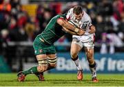 24 January 2015; Darren Cave, Ulster, is tackled by Graham Kitchener, Leicester Tigers. European Rugby Champions Cup 2014/15, Pool 3, Round 6, Ulster v Leicester Tigers, Kingspan Stadium, Ravenhill Park, Belfast, Co. Antrim. Picture credit: Ramsey Cardy / SPORTSFILE