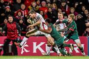 24 January 2015; Darren Cave, Ulster, on his way to scoring his third try of the game despite the tackle of Vereniki Gonevar, Leicester Tigers. European Rugby Champions Cup 2014/15, Pool 3, Round 6, Ulster v Leicester Tigers, Kingspan Stadium, Ravenhill Park, Belfast, Co. Antrim. Picture credit: Ramsey Cardy / SPORTSFILE