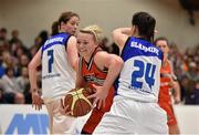 24 January 2015; Aisling Sullivan, Killester, in action against Niamh Dwyer, left, and Jessica Scannell, Team Montenotte Hotel. Basketball Ireland Women's National Cup Final, Killester v Team Montenotte Hotel, National Basketball Arena, Tallaght, Dublin. Picture credit: Barry Cregg / SPORTSFILE