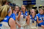 24 January 2015; Haley Lenihan, centre, Glanmire BC, celebrates with her team-mates after the game. Basketball Ireland Women's U18 National Cup Final, DCU Mercy v Glanmire BC, National Basketball Arena, Tallaght, Dublin. Picture credit: Piaras O Midheach / SPORTSFILE