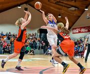 24 January 2015; Claire Rockall, Team Montenotte Hotel, in action against Aisling Sullivan, left, and Olivia Lee, Killester. Basketball Ireland Women's National Cup Final, Killester v Team Montenotte Hotel, National Basketball Arena, Tallaght, Dublin. Picture credit: Barry Cregg / SPORTSFILE
