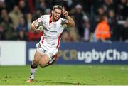 24 January 2015; Darren Cave, Ulster, celebrates as he runs in to score his side's second try. European Rugby Champions Cup 2014/15, Pool 3, Round 6, Ulster v Leicester Tigers, Kingspan Stadium, Ravenhill Park, Belfast, Co. Antrim. Picture credit: John Dickson / SPORTSFILE