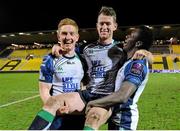24 January 2015; Connacht players Darragh Leader, Matt Healy and Niyi Adeolokun enjoy the victory celebrations after the match. European Rugby Champions Cup 2014/15, Pool 2, Round 6, La Rochelle v Connacht, Stade Marcel Deflandre, La Rochelle, France. Picture credit: Ray Ryan / SPORTSFILE