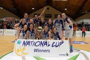 24 January 2015; Team Montenotte Hotel players celebrate with the cup after the game. Basketball Ireland Women's National Cup Final, Killester v Team Montenotte Hotel, National Basketball Arena, Tallaght, Dublin. Picture credit: Barry Cregg / SPORTSFILE