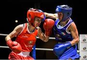 24 January 2015; Lauren Hogan, St Brigids, Co. Offaly, left, exchanges punches with Maeve Clarke, Ballinacarrow, Co. Sligo, during their 48 kg Light-flyweight bout. National Elite Boxing Championship Finals, National Stadium, Dublin. Picture credit: Pat Murphy / SPORTSFILE