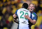 24 January 2015; Niyi Adeolokun, Connacht, is congratulated by Darragh Leader after scoring their side's third try. European Rugby Champions Cup 2014/15, Pool 2, Round 6, La Rochelle v Connacht, Stade Marcel Deflandre, La Rochelle, France. Picture credit: Ray Ryan / SPORTSFILE