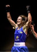 24 January 2015; Dervla Duffy, St Brigids / Defence Forces, Kildare, celebrates after winner her 57 kg Featherweight bout against Joanne Lambe, Carrickmacross, on a 4th round knock out. National Elite Boxing Championship Finals, National Stadium, Dublin. Picture credit: Pat Murphy / SPORTSFILE