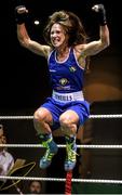 24 January 2015; Dervla Duffy, St Brigids / Defence Forces, Kildare, celebrates after winner her 57 kg Featherweight bout against Joanne Lambe, Carrickmacross, on a 4th round knock out. National Elite Boxing Championship Finals, National Stadium, Dublin. Picture credit: Pat Murphy / SPORTSFILE