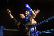 24 January 2015; Dervla Duffy, St Brigids / Defence Forces, Kildare, celebrates with coach Michael Hughes after winner her 57 kg Featherweight bout against Joanne Lambe, Carrickmacross, on a 4th round knock out. National Elite Boxing Championship Finals, National Stadium, Dublin. Picture credit: Pat Murphy / SPORTSFILE