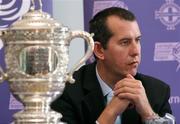 18 September 2007; Edwin Poots, MLA, Sports Minister of Northern Ireland assembly, with the Gibson cup at the IFA official launch of the 2007/2008 Carnegie Premier League season. Malone House, Barnett Demesne, Belfast. Picture credit: Oliver McVeigh / SPORTSFILE