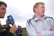 11 October 2007; Republic of Ireland manager Steve Staunton is interviewed by a member of the German media after squad training. Gannon Park, Malahide, Co. Dublin. Picture credit; Brian Lawless / SPORTSFILE