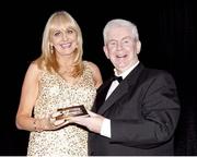 23 January 2015; Ray McManus, Sportsfile, receives the  2nd place award in the Sports Action Category from MC Miriam O'Callaghan at the Professional Photographers Association of Ireland - Press Photographer of the Year Awards 2015, Ballsbridge Hotel, Pembroke Road. Picture credit: Chris Bellew / Fennell Photography