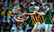 23 January 2015; Exhibition image from Sportsfile at the Professional Photographers Association of Ireland - Photographer of the Year Awards 2015. Ray McManus - Finalist in Sports Action 10 August 2014; Seamus Hickey and Richie McCarthy, Limerick, in action against Mark Kelly and TJ Reid, Kilkenny. GAA Hurling All-Ireland Senior Championship, Semi-Final, Kilkenny v Limerick, Croke Park, Dublin. Picture credit: Ray McManus / SPORTSFILE
