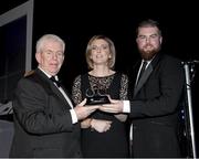 23 January 2015; Stephen McCarthy, Sportsfile, who won 2nd prize in the Reportage Category with Deirdre Cleary, AIB, and Ray McManus, President, Press Photographers Association of Ireland at the Press Photographers Association of Ireland - Press Photographer of the Year Awards 2015, Ballsbridge Hotel, Pembroke Road. Picture credit: Chris Bellew / Fennell Photography
