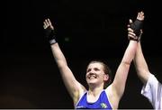 24 January 2015; Claire Grace, Callan, Kilkenny, celebrates winning her 69 kg Welterweight bout against Christina Desmond, Macroom, Cork. National Elite Boxing Championship Finals, National Stadium, Dublin. Picture credit: Pat Murphy / SPORTSFILE