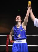 24 January 2015; Kelly Harrington, St Margarets, Dublin, celebrates after winning her 64 kg Light-welterweight bout aainst Kayleigh Murrihy, Kilfenora, Clare. National Elite Boxing Championship Finals, National Stadium, Dublin. Picture credit: Pat Murphy / SPORTSFILE