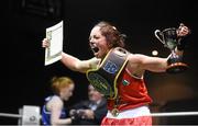 24 January 2015; Debbie O’Reilly, Olympic, Galway, celebrates victory over Louise Donohue, Geesala, Mayo, during their 60 kg Lightweight bout. National Elite Boxing Championship Finals, National Stadium, Dublin. Picture credit: Pat Murphy / SPORTSFILE