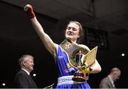 24 January 2015; Kelly Harrington, St Margarets, Dublin, celebrates after winning her 64 kg Light-welterweight bout aainst Kayleigh Murrihy, Kilfenora, Clare. National Elite Boxing Championship Finals, National Stadium, Dublin. Picture credit: Pat Murphy / SPORTSFILE
