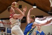 25 January 2015; Jack O'Mahony, Fr Matthews, in action against Martin Neary, St. Vincent's. Basketball Ireland U-18 Men’s National Cup Final, St. Vincent's v Fr Matthews. National Basketball Arena, Tallaght, Dublin. Photo by Sportsfile