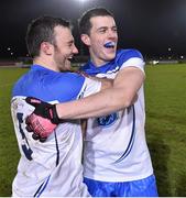 24 January 2015; Waterford's Tadhg O Huallachain, left, and Gavin Nugent after the final whistle. McGrath Cup Final, Waterford v UCC, Fraher Field, Dungarvan, Co. Waterford. Picture credit: Matt Browne / SPORTSFILE