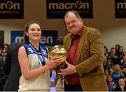 24 January 2015; Glanmire BC captain Sarah Kenny, right, is presented with her MVP award by Bernard O'Byrne, Secretary General of Basketball Ireland. Basketball Ireland Women's U18 National Cup Final, DCU Mercy v Glanmire BC, National Basketball Arena, Tallaght, Dublin. Picture credit: Piaras O Midheach / SPORTSFILE