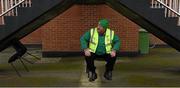 25 January 2015; Groundsman Pat Lynch, from the Raheens GAA Club, takes a rest before working at his 1,700 game since he started back on February 4th, 1980. Bord na Mona O'Byrne Cup Final, Kildare v Dublin, St Conleth's Park, Newbridge, Co. Kildare. Picture credit: Ray McManus / SPORTSFILE