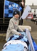 25 January 2015; Ten year old Dublin fan Brandon Coakley, from Foley Street, relaxes before the game. Dublin. Bord na Mona O'Byrne Cup Final, Kildare v Dublin, St Conleth's Park, Newbridge, Co. Kildare. Picture credit: Ray McManus / SPORTSFILE